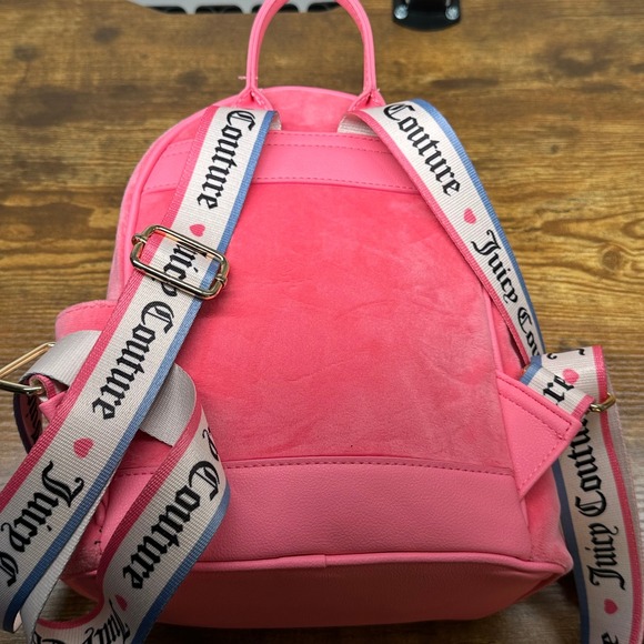 Juicy Couture Pink Velour Mini Backpack Rhinestone Logo Webbed Straps Y2K Style - Picture 5 of 11